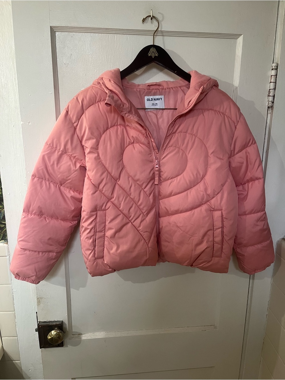 Old Navy Girls Pink Heart Quilted Puffer Jacket Hooded Coat XXL 18 EUC